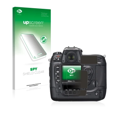 Parte frontal de un envase de producto con el logotipo de la marca upscreen. Al lado se muestra el dispositivo Nikon D2X con s