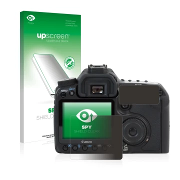 Parte frontal de un envase de producto con el logotipo de la marca upscreen. Al lado se muestra el dispositivo Canon EOS 30D c