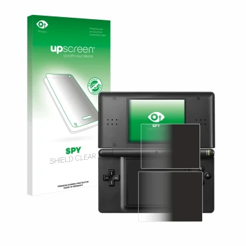Parte frontal de un envase de producto con el logotipo de la marca upscreen. Al lado se muestra el dispositivo Nintendo DS LIT