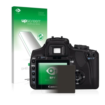 Parte frontal de un envase de producto con el logotipo de la marca upscreen. Al lado se muestra el dispositivo Canon EOS 400D 