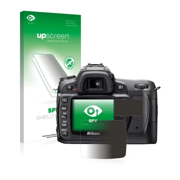 Parte frontal de un envase de producto con el logotipo de la marca upscreen. Al lado se muestra el dispositivo Nikon D80 con s