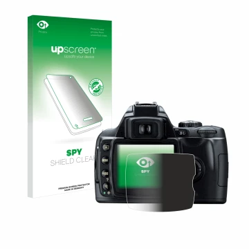 Parte frontal de un envase de producto con el logotipo de la marca upscreen. Al lado se muestra el dispositivo Nikon D40 con s