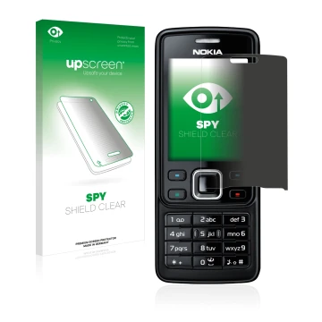 Parte frontal de un envase de producto con el logotipo de la marca upscreen. Al lado se muestra el dispositivo Nokia 6300 2007