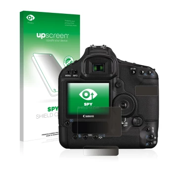 Parte frontal de un envase de producto con el logotipo de la marca upscreen. Al lado se muestra el dispositivo Canon EOS 1D Ma