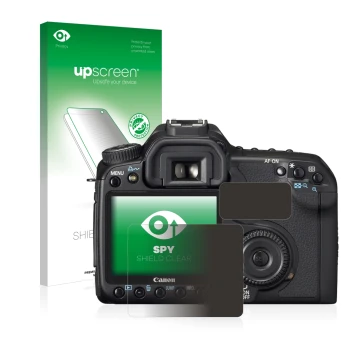 Parte frontal de un envase de producto con el logotipo de la marca upscreen. Al lado se muestra el dispositivo Canon EOS 40D c