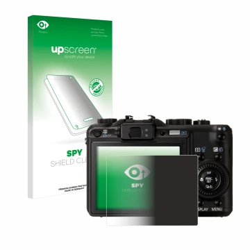 Parte frontal de un envase de producto con el logotipo de la marca upscreen. Al lado se muestra el dispositivo Canon PowerShot