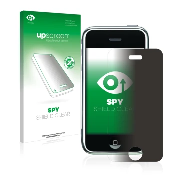 Parte frontal de un envase de producto con el logotipo de la marca upscreen. Al lado se muestra el dispositivo Apple iPhone 2G