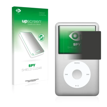 Parte frontal de un envase de producto con el logotipo de la marca upscreen. Al lado se muestra el dispositivo Apple iPod Clas