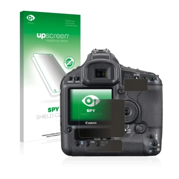 Parte frontal de un envase de producto con el logotipo de la marca upscreen. Al lado se muestra el dispositivo Canon EOS 1Ds M