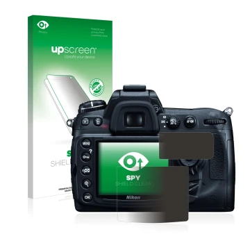 Parte frontal de un envase de producto con el logotipo de la marca upscreen. Al lado se muestra el dispositivo Nikon D300 con 