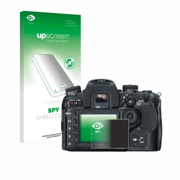 Parte frontal de un envase de producto con el logotipo de la marca upscreen. Al lado se muestra el dispositivo Konica Minolta 