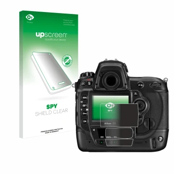 Parte frontal de un envase de producto con el logotipo de la marca upscreen. Al lado se muestra el dispositivo Nikon D3 con su