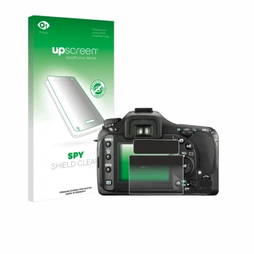 Parte frontal de un envase de producto con el logotipo de la marca upscreen. Al lado se muestra el dispositivo Pentax K20D con