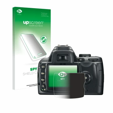 Parte frontal de un envase de producto con el logotipo de la marca upscreen. Al lado se muestra el dispositivo Nikon D60 con s