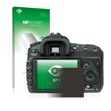 Parte frontal de un envase de producto con el logotipo de la marca upscreen. Al lado se muestra el dispositivo Sony Alpha 350 