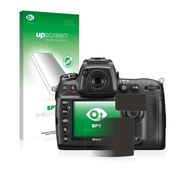 Parte frontal de un envase de producto con el logotipo de la marca upscreen. Al lado se muestra el dispositivo Nikon D700 con 