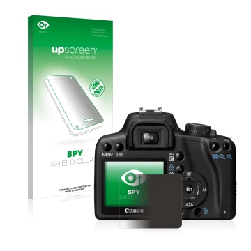 Parte frontal de un envase de producto con el logotipo de la marca upscreen. Al lado se muestra el dispositivo Canon EOS 1000D