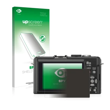 Parte frontal de un envase de producto con el logotipo de la marca upscreen. Al lado se muestra el dispositivo Panasonic Lumix