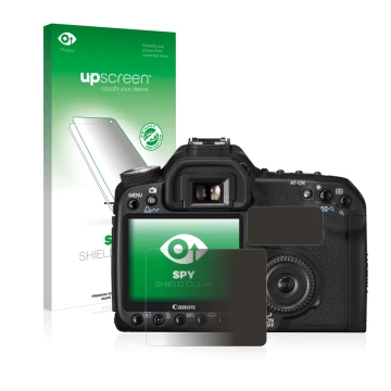 Parte frontal de un envase de producto con el logotipo de la marca upscreen. Al lado se muestra el dispositivo Canon EOS 50D c