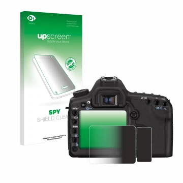 Parte frontal de un envase de producto con el logotipo de la marca upscreen. Al lado se muestra el dispositivo Canon EOS 5D Ma