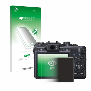Parte frontal de un envase de producto con el logotipo de la marca upscreen. Al lado se muestra el dispositivo Canon PowerShot