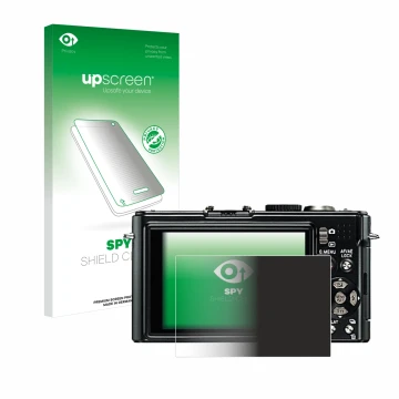 Parte frontal de un envase de producto con el logotipo de la marca upscreen. Al lado se muestra el dispositivo Leica D-Lux 4 c