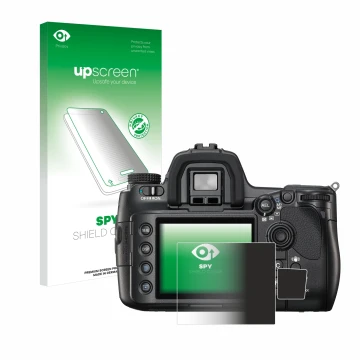 Parte frontal de un envase de producto con el logotipo de la marca upscreen. Al lado se muestra el dispositivo Sony Alpha 900 