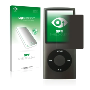 Parte frontal de un envase de producto con el logotipo de la marca upscreen. Al lado se muestra el dispositivo Apple iPod nano
