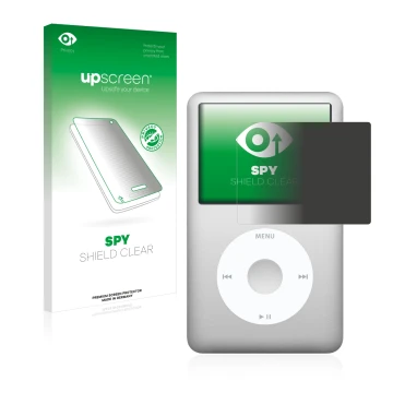 Parte frontal de un envase de producto con el logotipo de la marca upscreen. Al lado se muestra el dispositivo Apple iPod clas