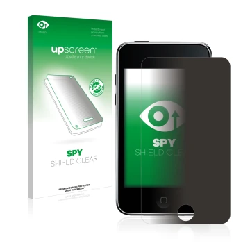 Parte frontal de un envase de producto con el logotipo de la marca upscreen. Al lado se muestra el dispositivo Apple iPod Touc