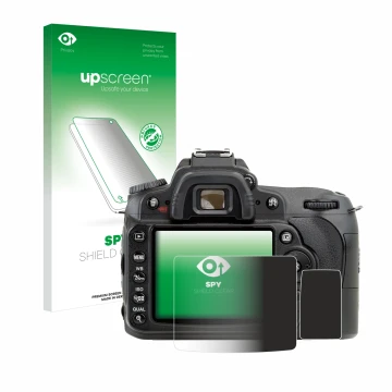 Parte frontal de un envase de producto con el logotipo de la marca upscreen. Al lado se muestra el dispositivo Nikon D90 con s
