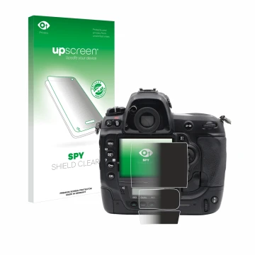 Parte frontal de un envase de producto con el logotipo de la marca upscreen. Al lado se muestra el dispositivo Nikon D3x con s