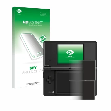 Parte frontal de un envase de producto con el logotipo de la marca upscreen. Al lado se muestra el dispositivo Nintendo DSi co