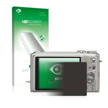 Parte frontal de un envase de producto con el logotipo de la marca upscreen. Al lado se muestra el dispositivo Panasonic Lumix