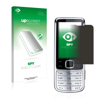 Parte frontal de un envase de producto con el logotipo de la marca upscreen. Al lado se muestra el dispositivo Nokia 6700 clas