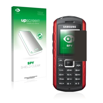 Parte frontal de un envase de producto con el logotipo de la marca upscreen. Al lado se muestra el dispositivo Samsung B2100 c
