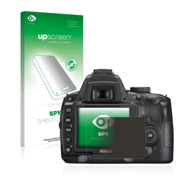 Parte frontal de un envase de producto con el logotipo de la marca upscreen. Al lado se muestra el dispositivo Nikon D5000 con