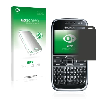 Parte frontal de un envase de producto con el logotipo de la marca upscreen. Al lado se muestra el dispositivo Nokia E72 con s