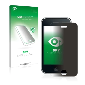 Parte frontal de un envase de producto con el logotipo de la marca upscreen. Al lado se muestra el dispositivo Apple iPhone 3G