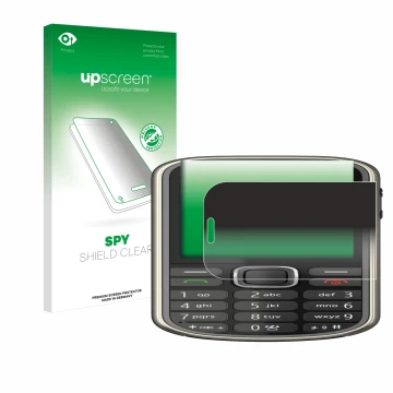 Parte frontal de un envase de producto con el logotipo de la marca upscreen. Al lado se muestra el dispositivo Nokia 3720 clas