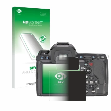 Parte frontal de un envase de producto con el logotipo de la marca upscreen. Al lado se muestra el dispositivo Pentax K7, K-7 