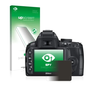 Parte frontal de un envase de producto con el logotipo de la marca upscreen. Al lado se muestra el dispositivo Nikon D3000 con