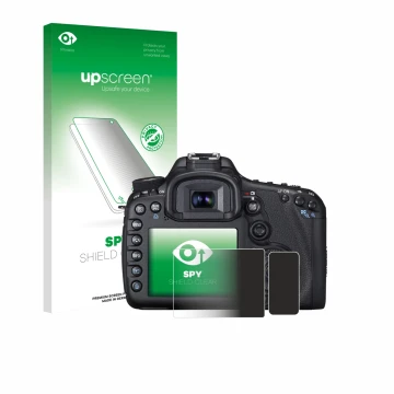 Parte frontal de un envase de producto con el logotipo de la marca upscreen. Al lado se muestra el dispositivo Canon EOS 7D co