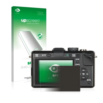 Parte frontal de un envase de producto con el logotipo de la marca upscreen. Al lado se muestra el dispositivo Panasonic Lumix