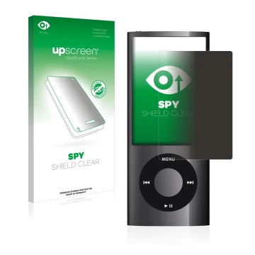 Parte frontal de un envase de producto con el logotipo de la marca upscreen. Al lado se muestra el dispositivo Apple iPod nano