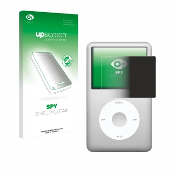 Parte frontal de un envase de producto con el logotipo de la marca upscreen. Al lado se muestra el dispositivo Apple iPod clas