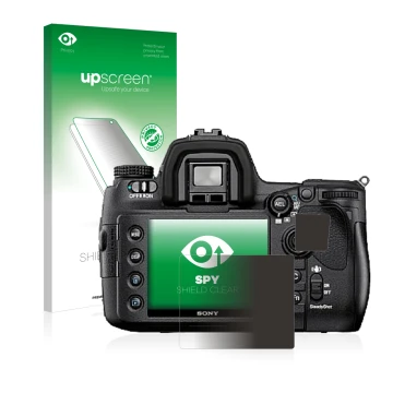 Parte frontal de un envase de producto con el logotipo de la marca upscreen. Al lado se muestra el dispositivo Sony Alpha 850 