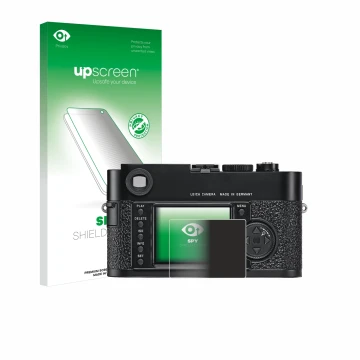 Parte frontal de un envase de producto con el logotipo de la marca upscreen. Al lado se muestra el dispositivo Leica M9 con su