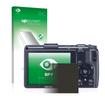 Parte frontal de un envase de producto con el logotipo de la marca upscreen. Al lado se muestra el dispositivo Ricoh GR Digita