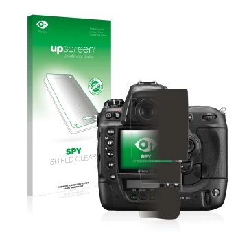 Parte frontal de un envase de producto con el logotipo de la marca upscreen. Al lado se muestra el dispositivo Nikon D3S con s
